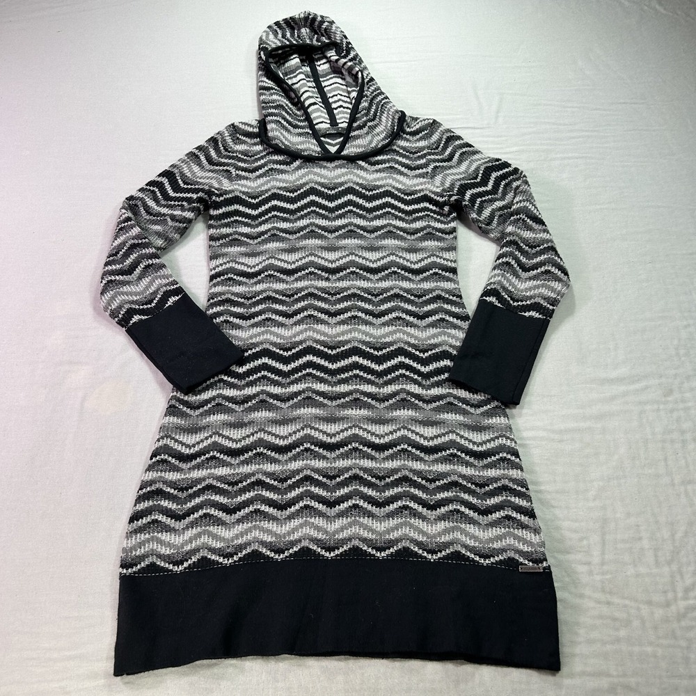 Prana Dress Womens Small Gray Black Chevron Meryl Sweater Hoodie Midi V-Neck
